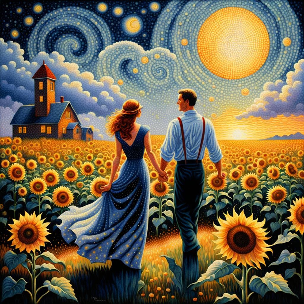 Sunflower Field Couple in Pointillist Art Deco Style