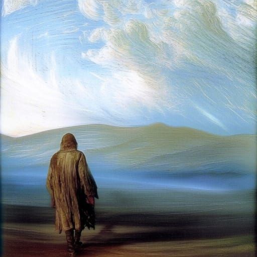 Lone Figure Enters Misty Wilderness in Impressionistic Style