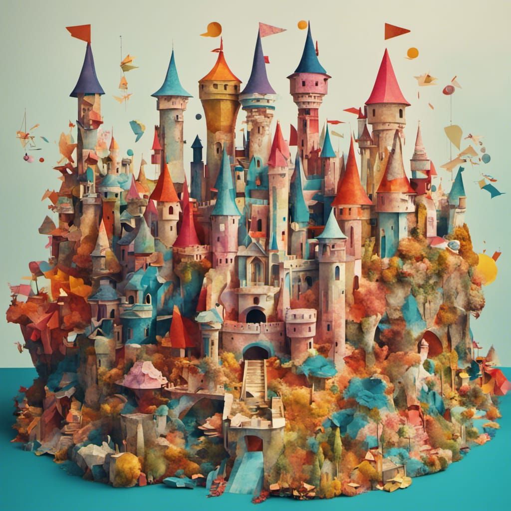 Abstract Paper Collage Fantasy Castle in Retro Style