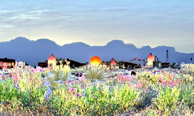 Sunset Illuminates Desert Town in Mountain Landscape