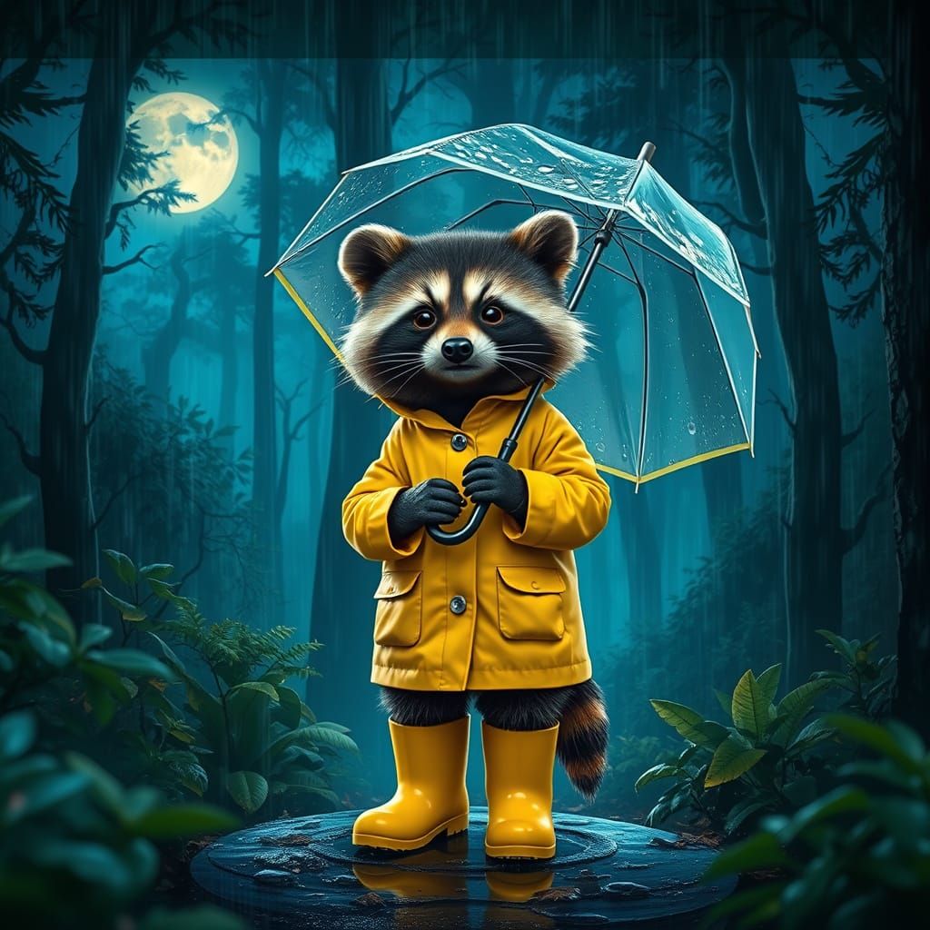Adorable Raccoon in Forest Night Rain Digital Painting