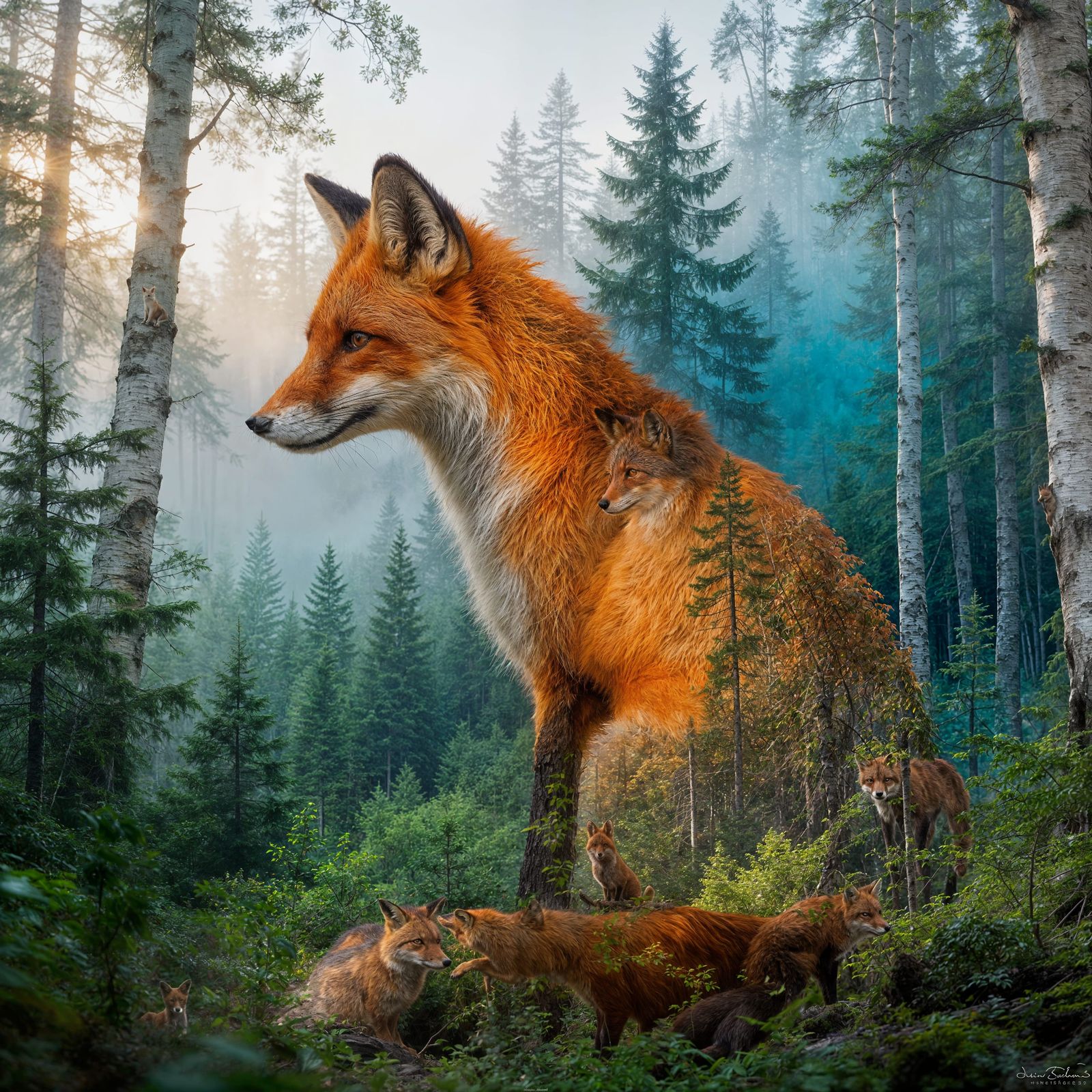 Red Fox Double Exposure with Boreal Forest