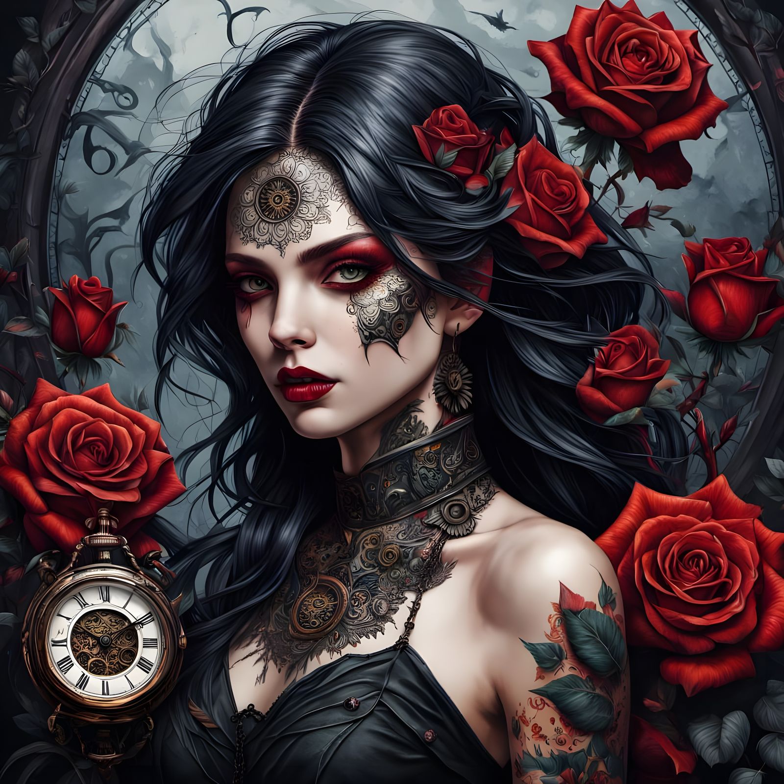 Gothic Tattoo Clock Face with Roses