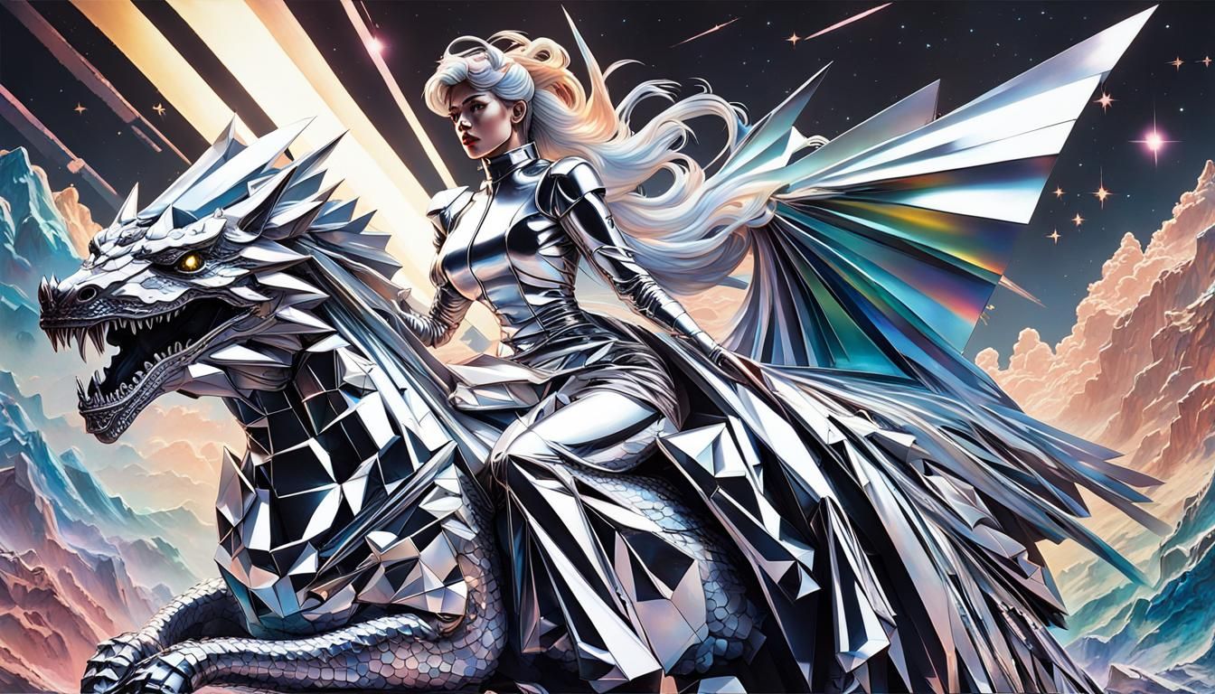 Retro Sci-Fi Space Girl on Dragon in Cyberpunk Style