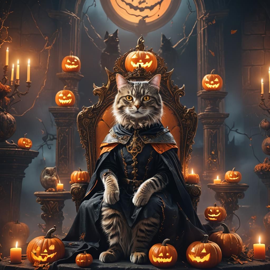 Cat on Spooky Throne in Halloween Fantasy Art