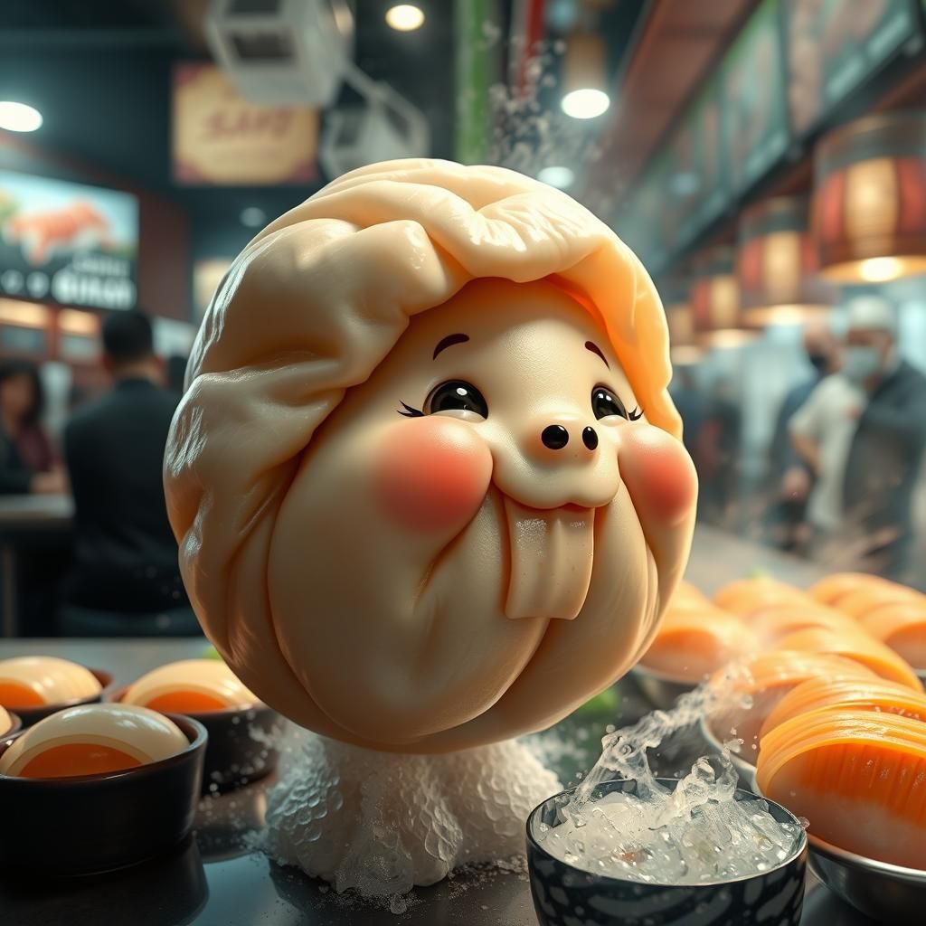 Animated Dumpling at Sushi Restaurant: Hyperrealistic Splash...