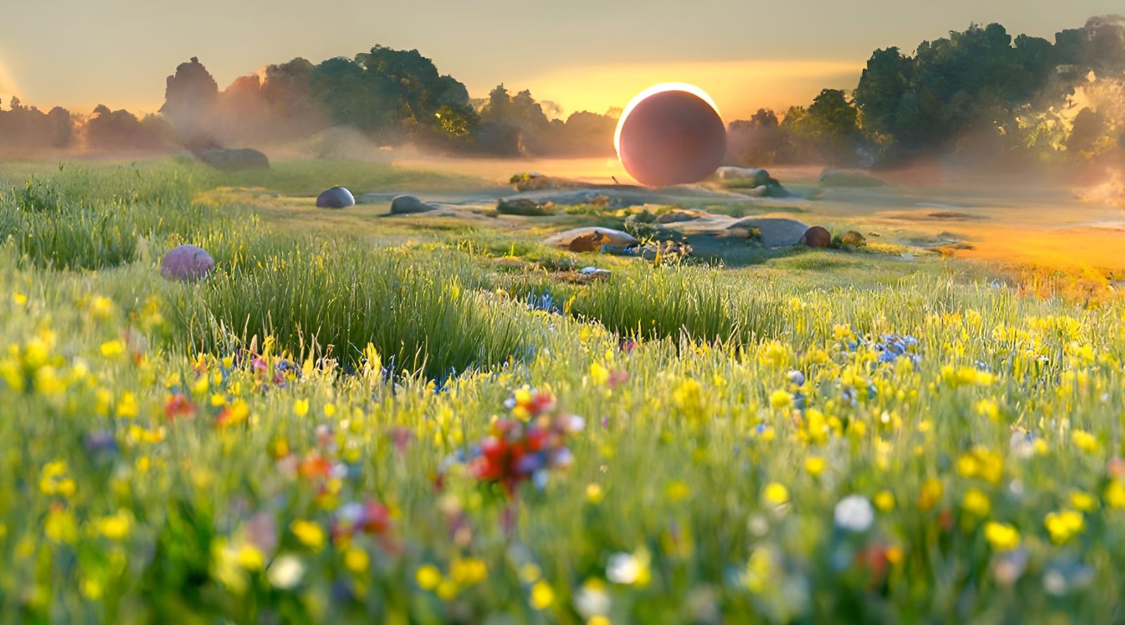 Dewy Wildflower Meadow at Sunrise