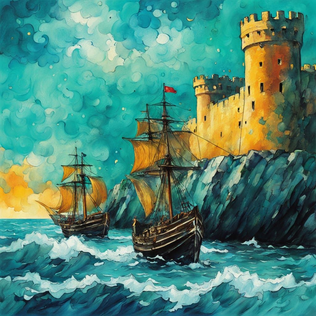Fauvist Fortress and Ship on Turquoise Ocean