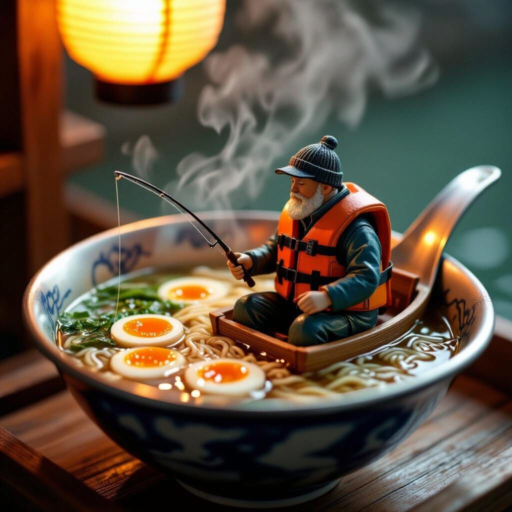 Miniature Fisherman in Ramen Bowl, Digital Art