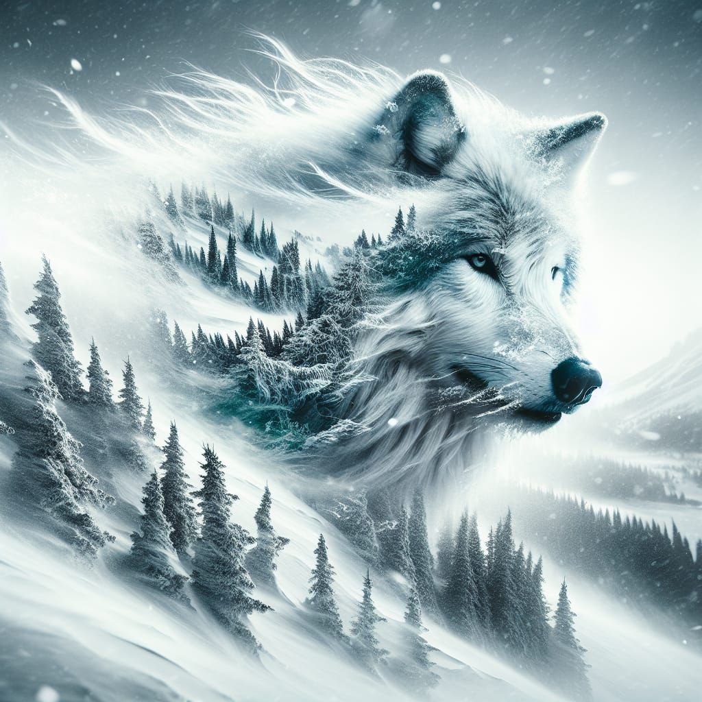 Wolf in Blizzard: Photorealistic Double Exposure