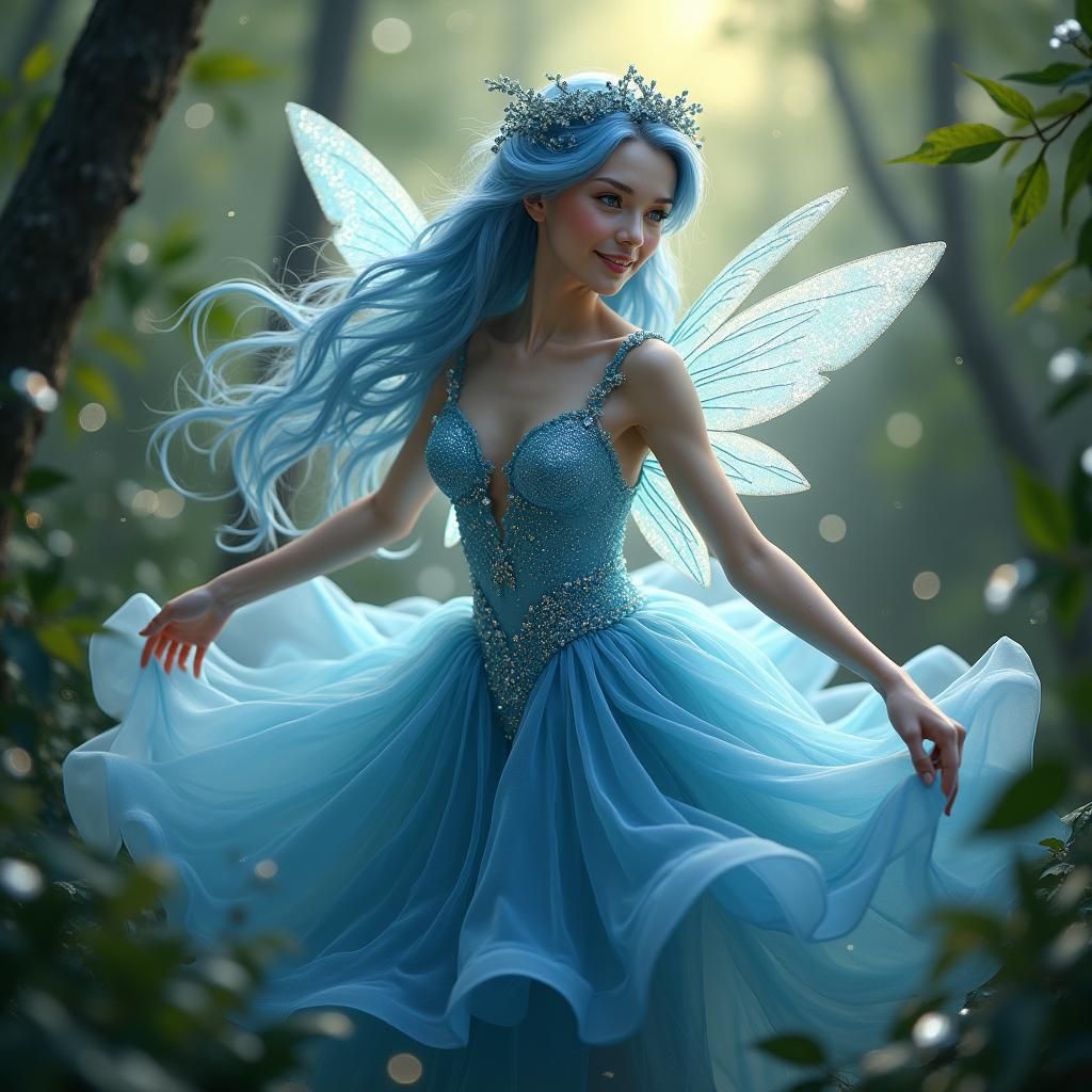 Blue Fairy Dances in Mystical Forest