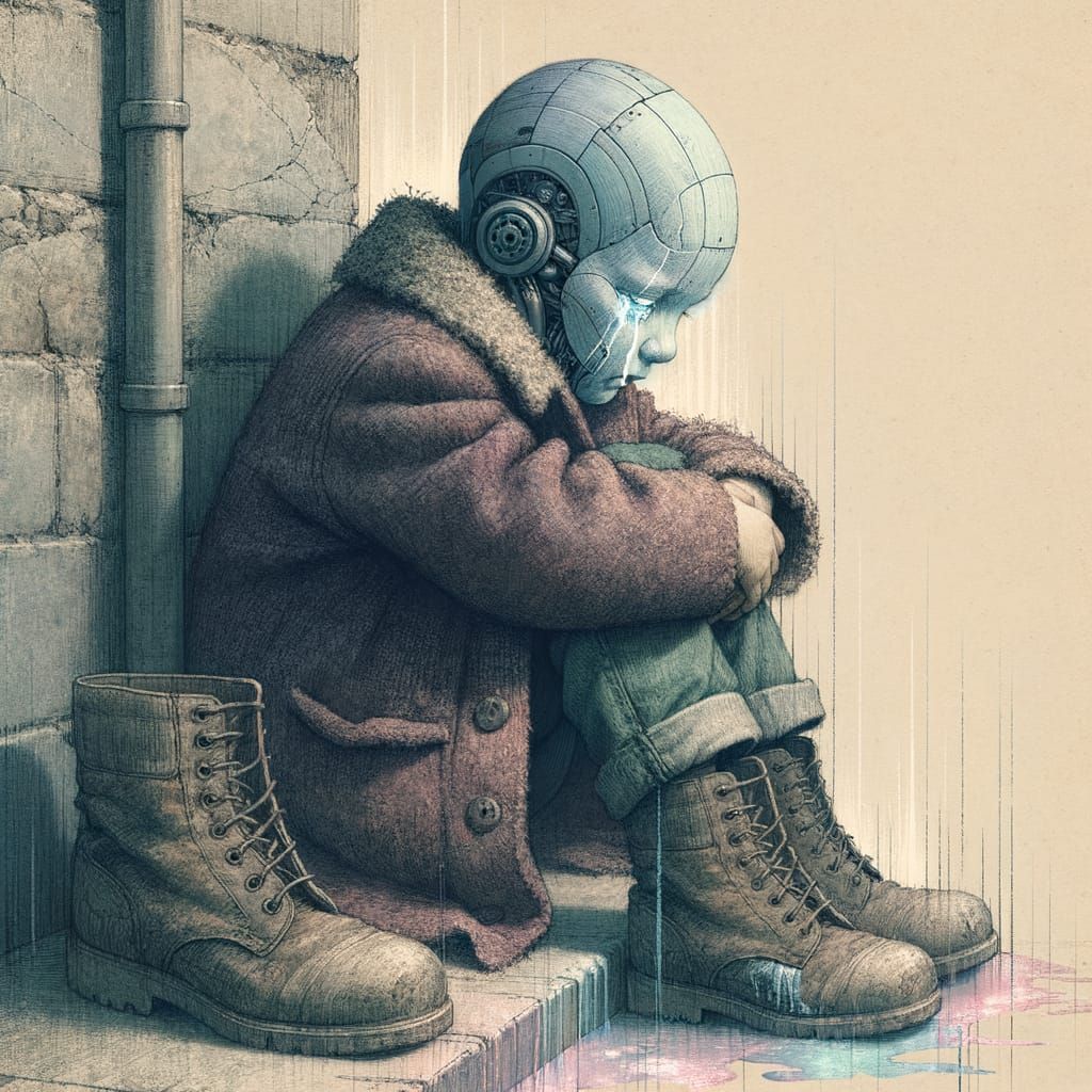 Melancholic Cybernetic Child Grieving in Solitude
