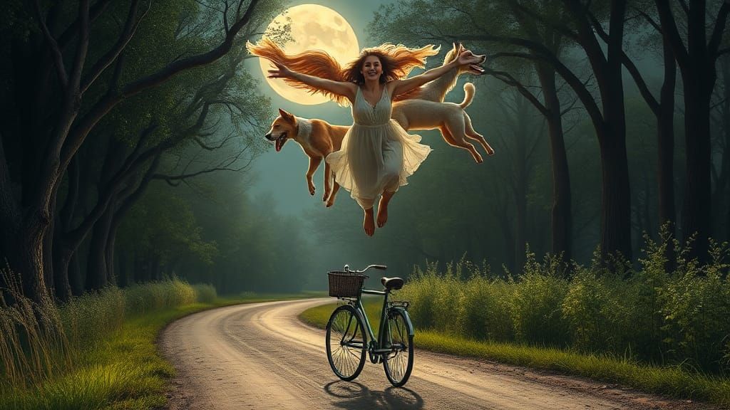 Woman Soars with Dogs in Magical Forest