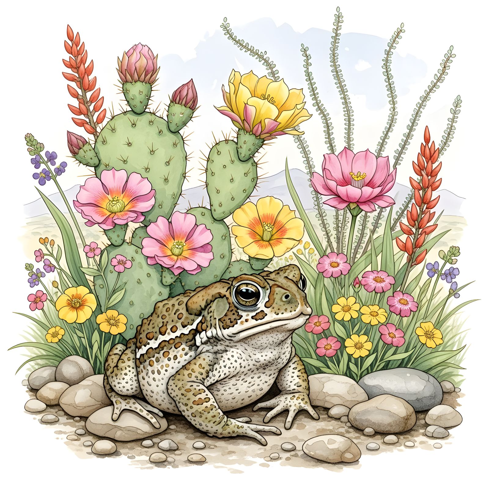 Colorado Toad in Desert Bloom, Watercolor Illustration