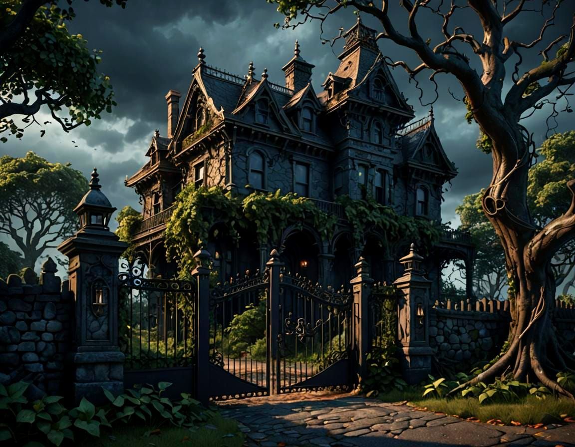 Dark Fantasy Victorian House on Hill, CGI Style