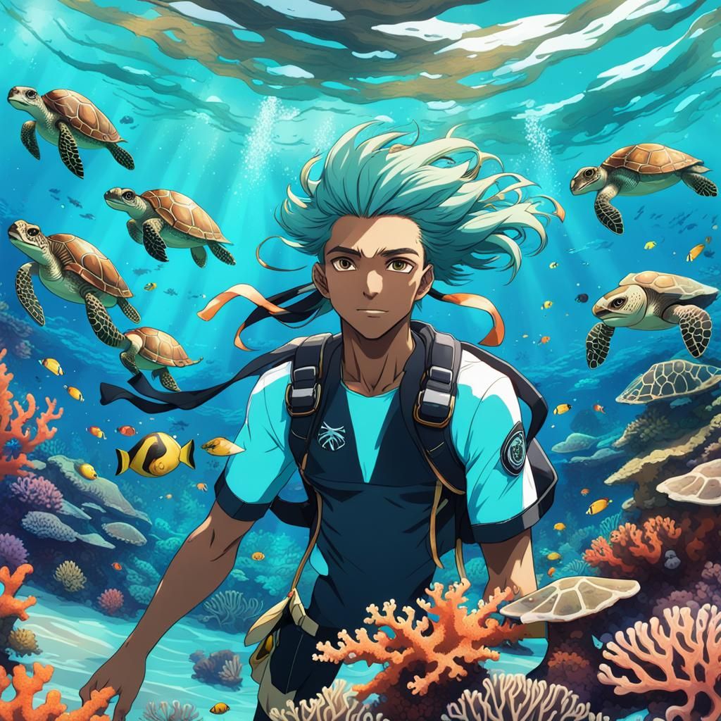 Anime Boy Swims with Turtles in Coral Reef