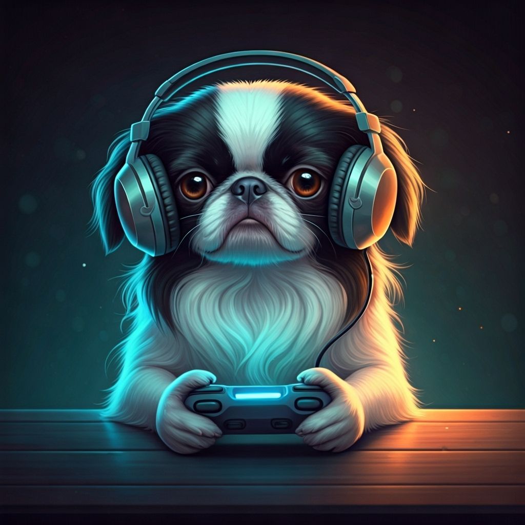 Japanese Chin Gamer in Pastel Orange and Teal with Lens Flar...