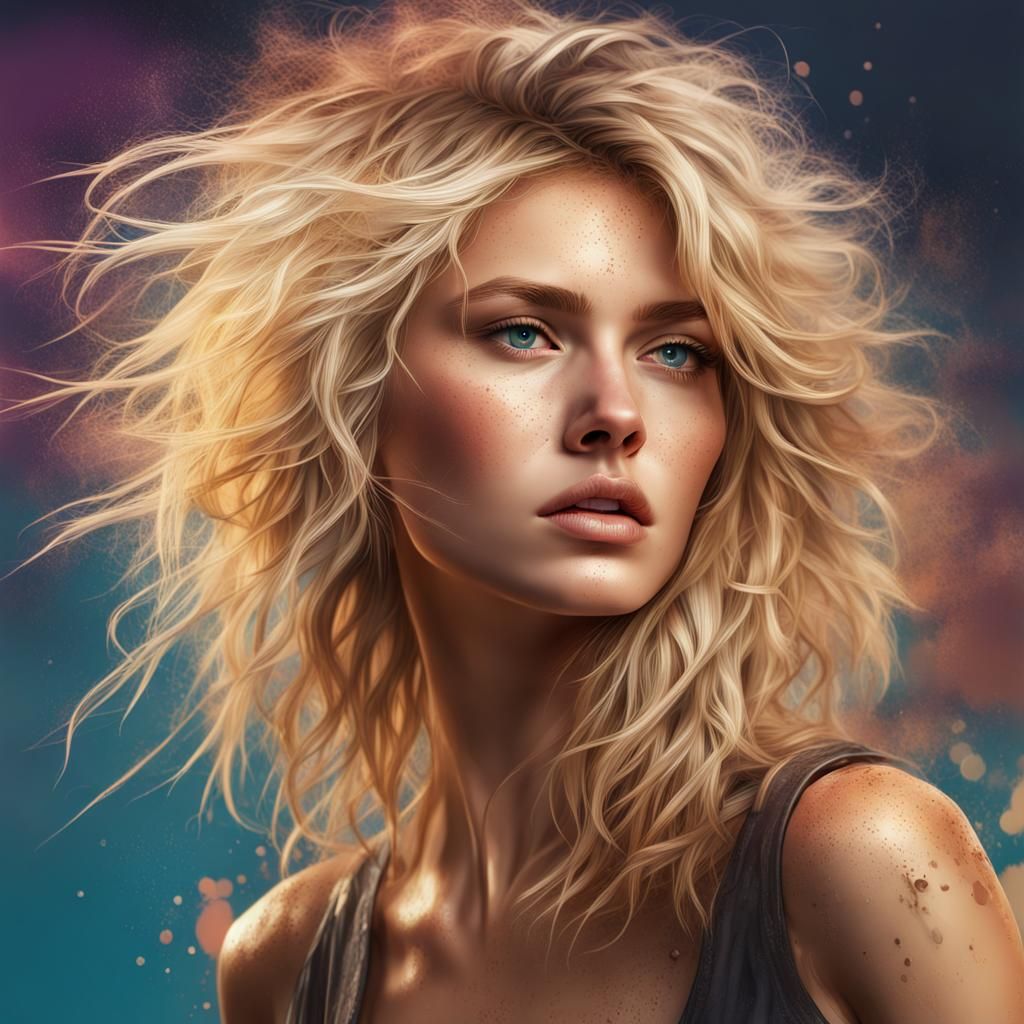 Blond Model with Messy Hair in Splash Art Style