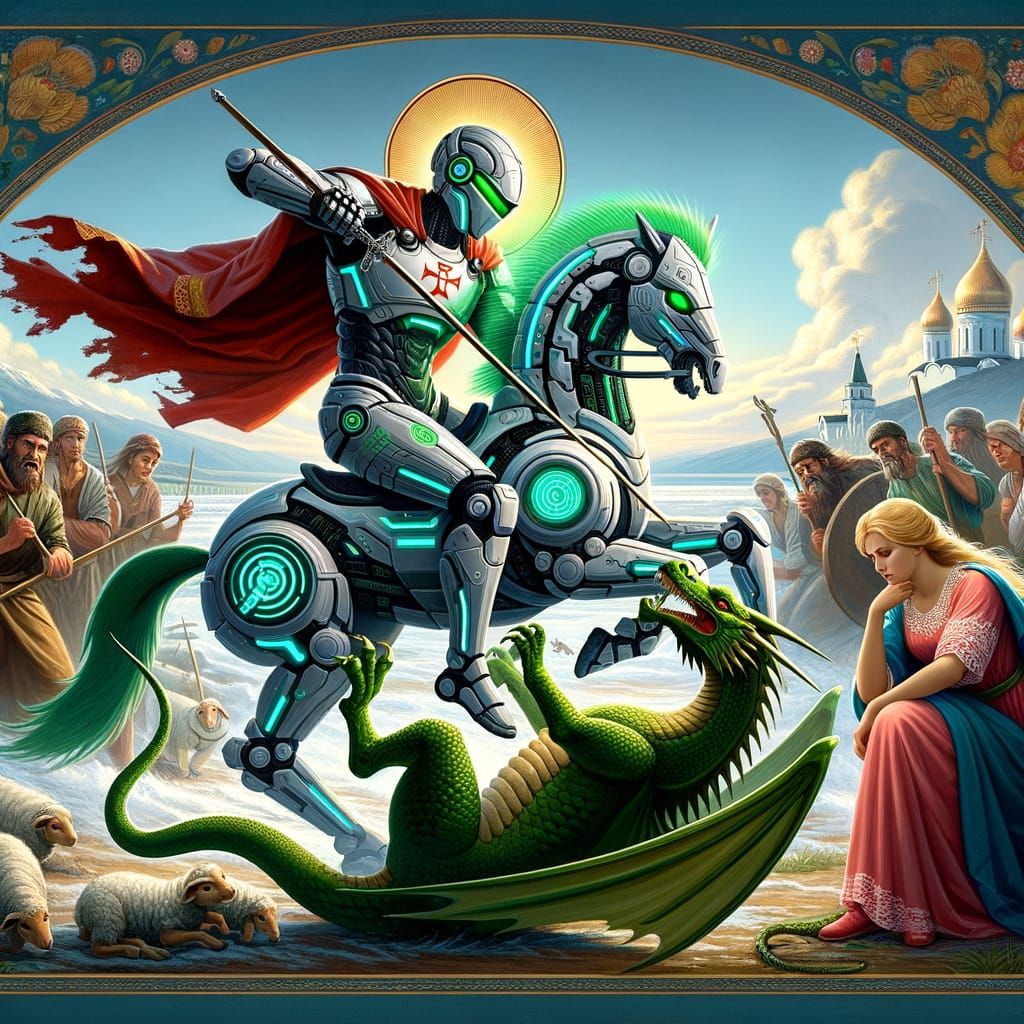 Futuristic St. George Battles Dragon in Russian Icon Style