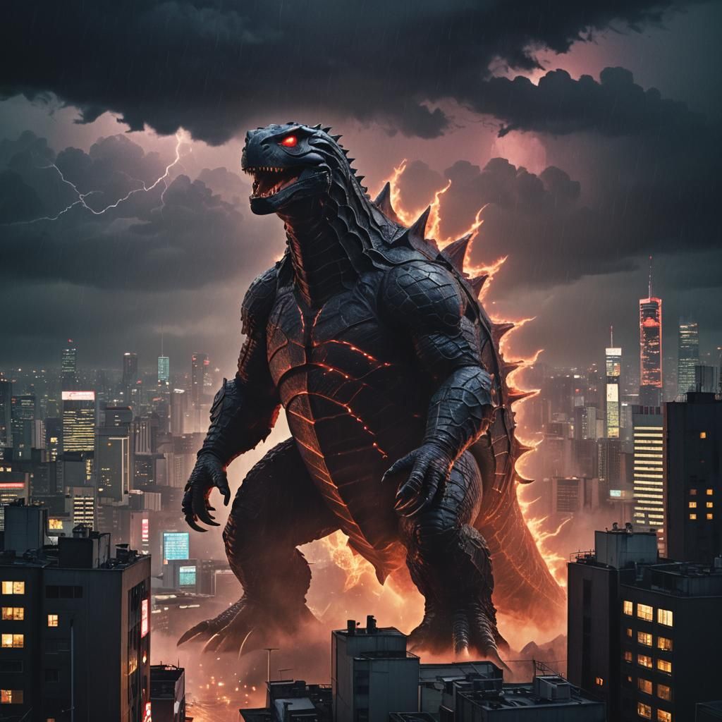 Gamera-Inspired Kaiju Rises Over Neon Cityscape