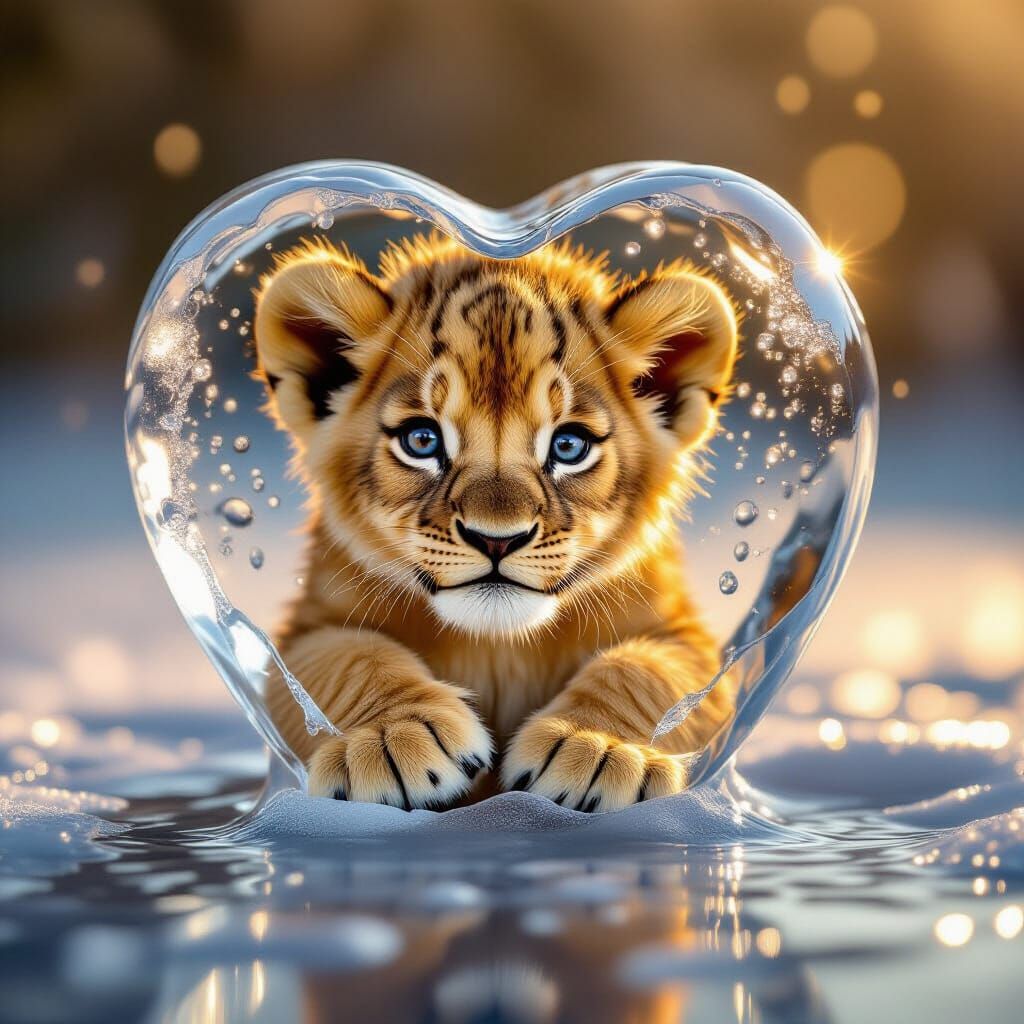 Lion Cub Peeking From Melting Heart Ice Cube