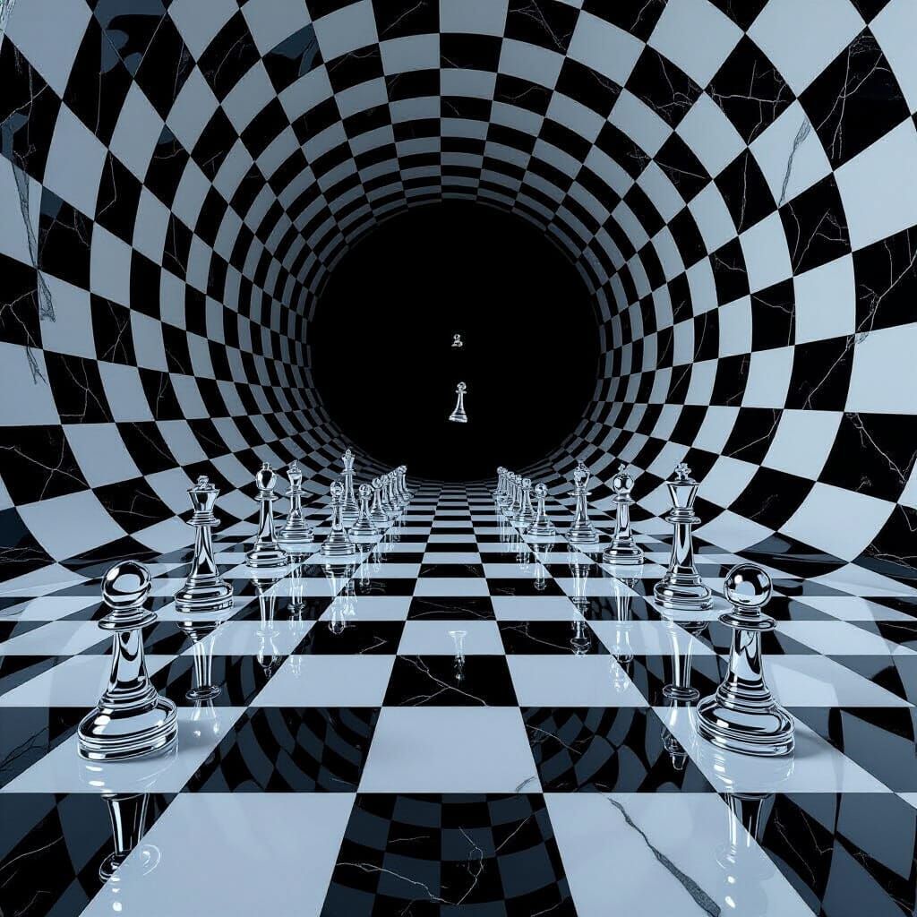 Surreal Checkered Floor Pulled into Black Hole