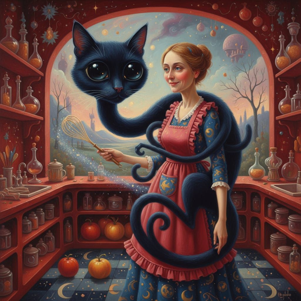 Whimsical Kitchen Witch and Black Cat Painting