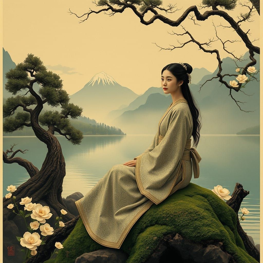 Serene Woman in Traditional Attire Sits in Nature's Harmony