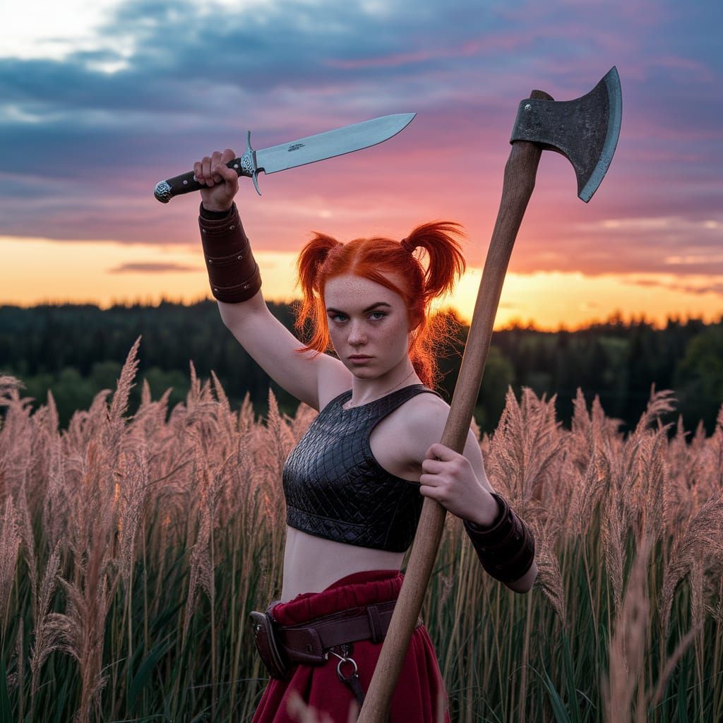 Warrior Girl with Fiery Hair in Golden Sunset