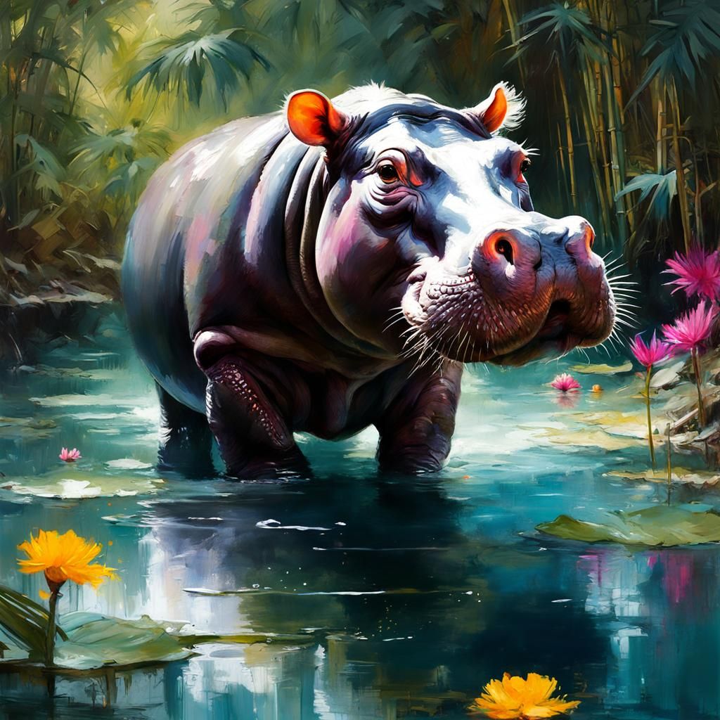 Adorable Hippo in Bamboo Forest, Matte Painting