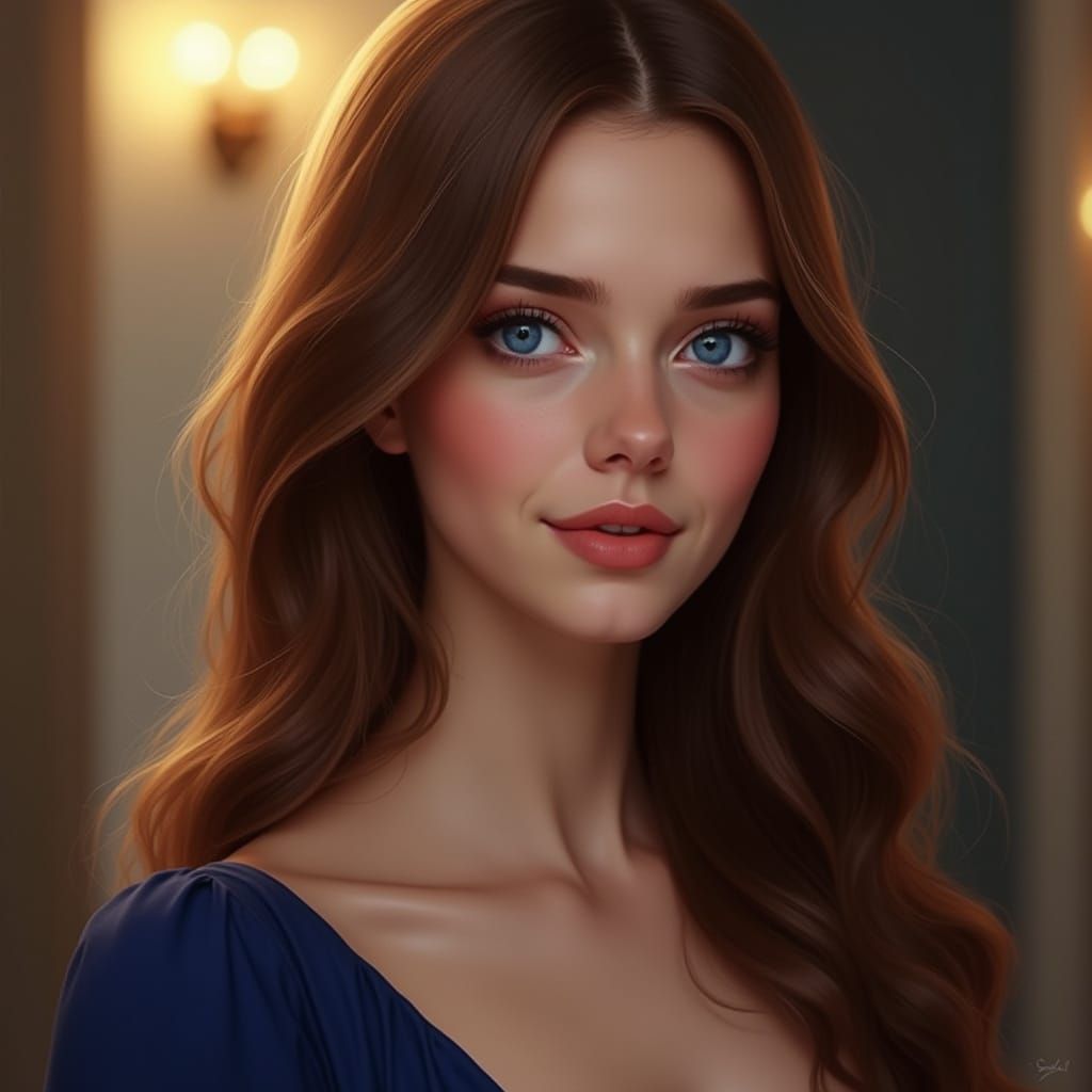 Ethereal Portrait of a Young Woman in a Deep Blue Dress