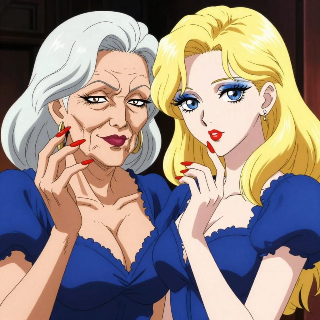Vintage and Youthful Women in Matching Red Lips and Blue Eye...