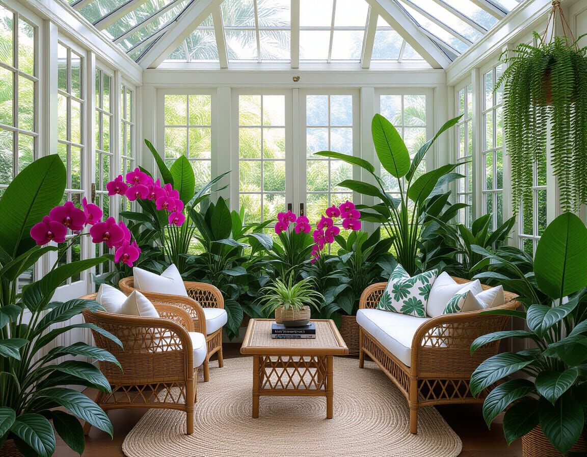 Maximalist Conservatory with Monstera and Orchids