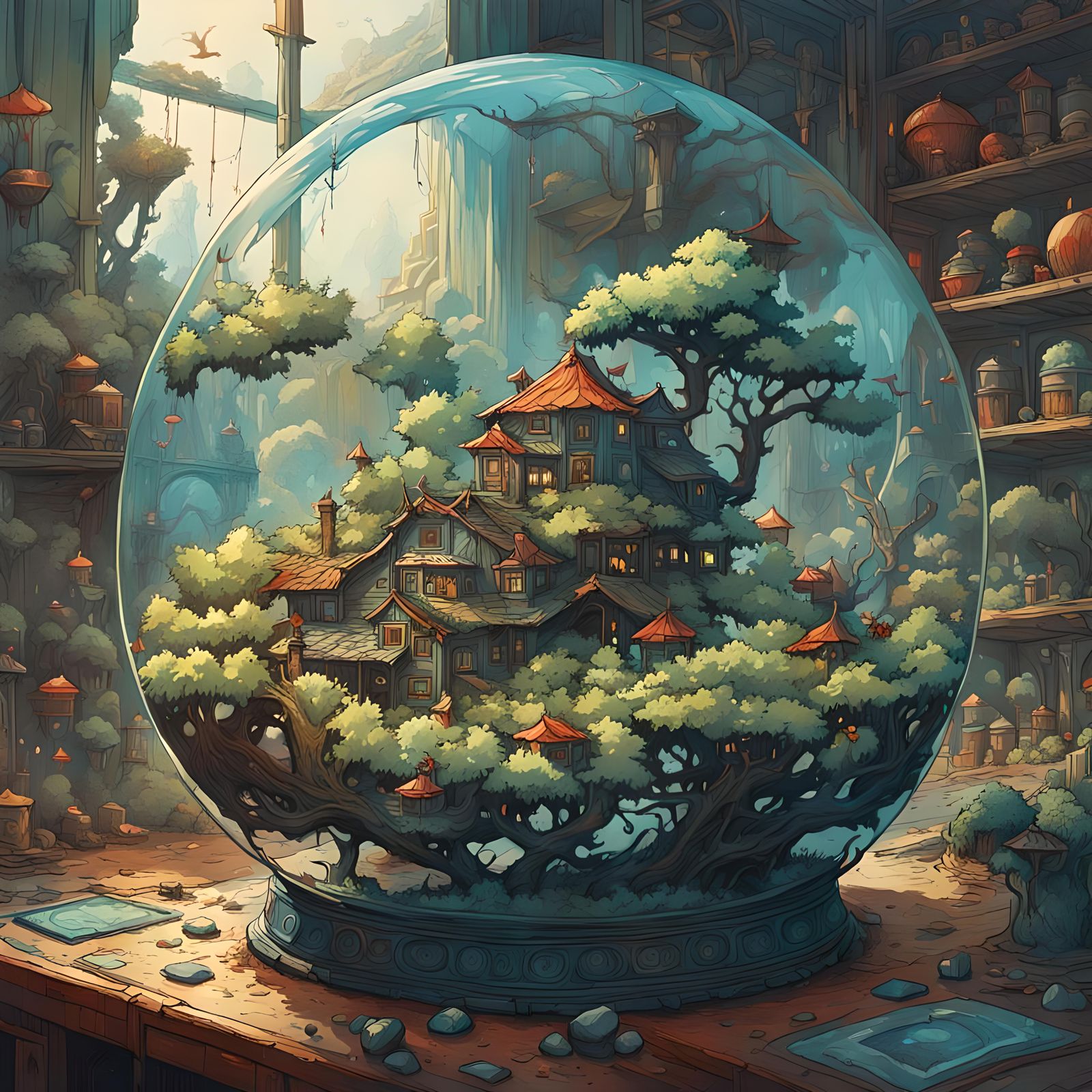 Intricate Terrarium Gouache Illustration with Volumetric Lig...