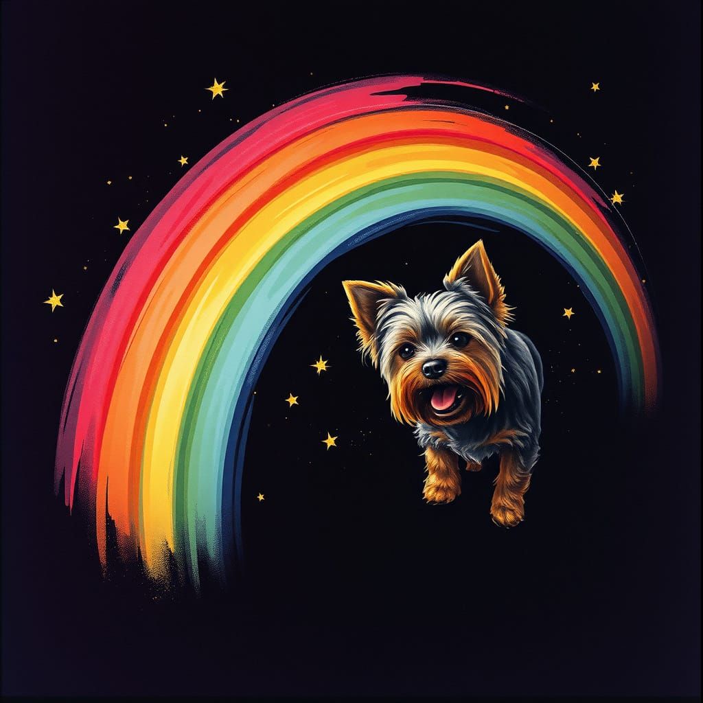 Yorkie in Abstract Rainbow with Shimmering Stars