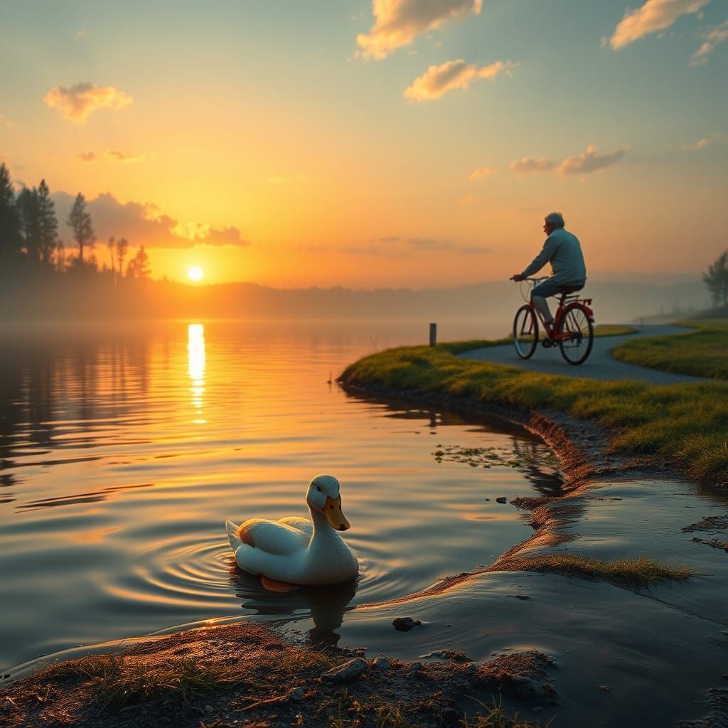 Serene Sunset Scene with Bath Duck and Gentle Grandfather