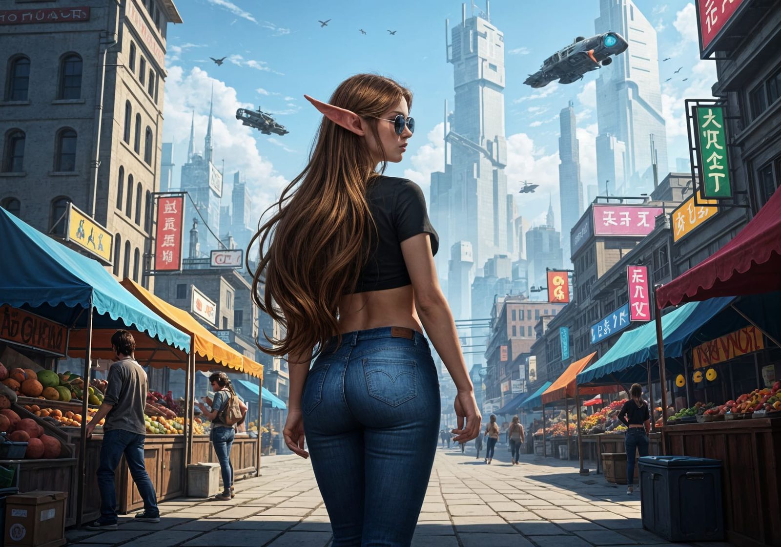 Elf in City Market Square: Hyperrealistic Splash Art