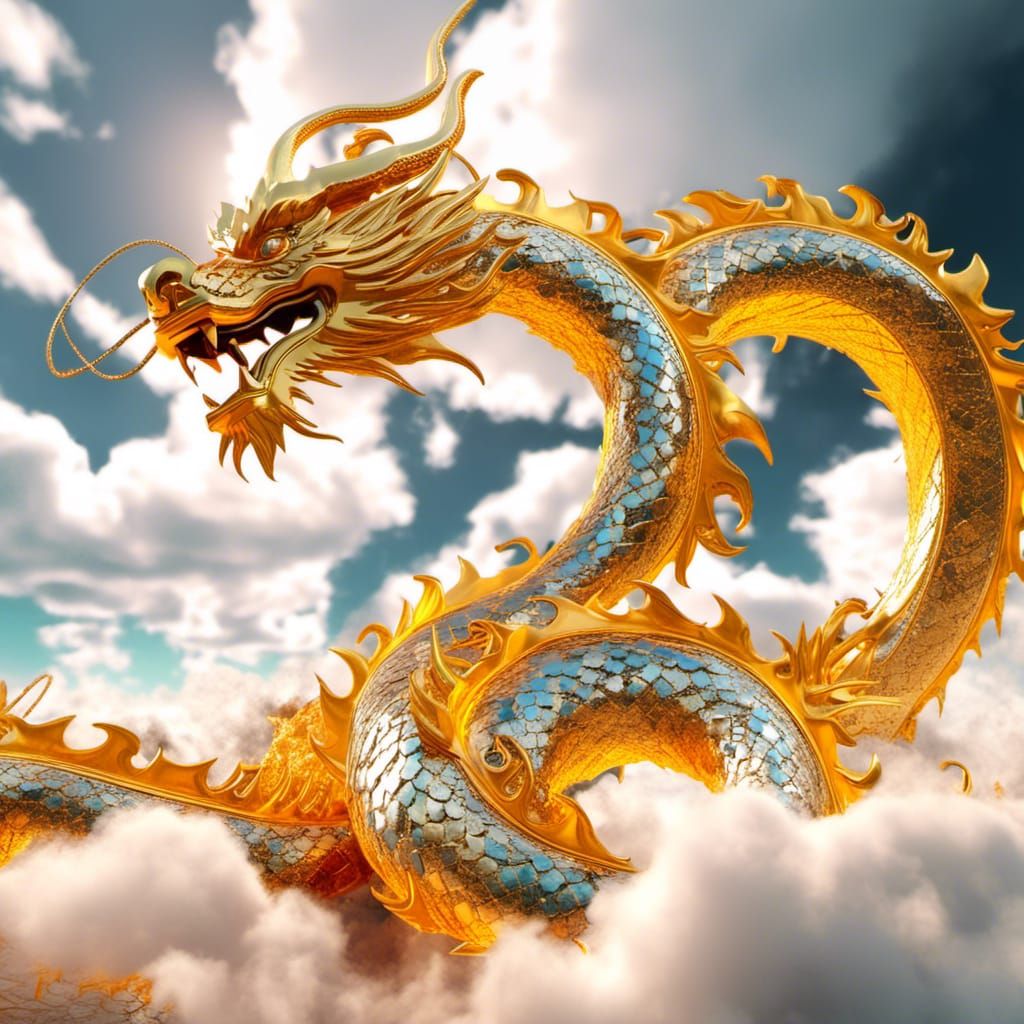 Futuristic Chinese Dragon Soaring Through Clouds