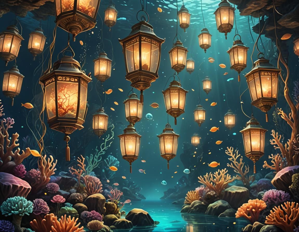 Enchanting Underwater Scene with Glowing Lanterns