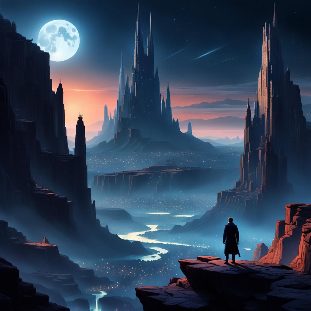 Mystical Metropolis Under Starry Sky, in Digital Art Style