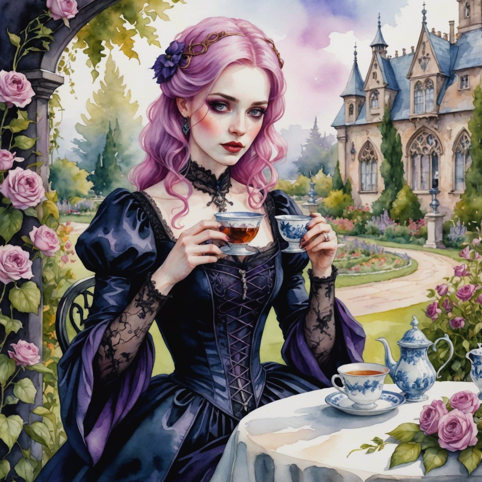 Watercolor Woman with Pink Hair in Gothic Garden