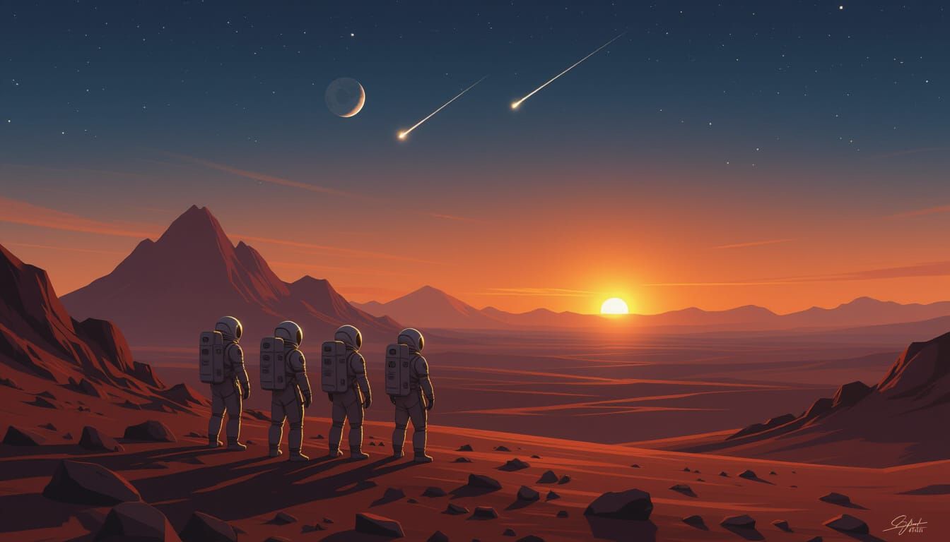 Astronauts at Twilight on Mars with Shooting Star
