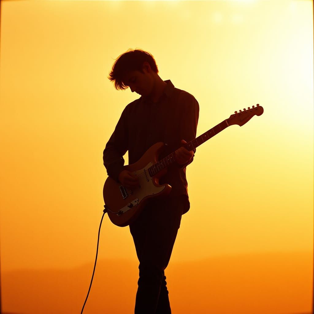 Silhouette of a Musician Playing Guitar at Sunset