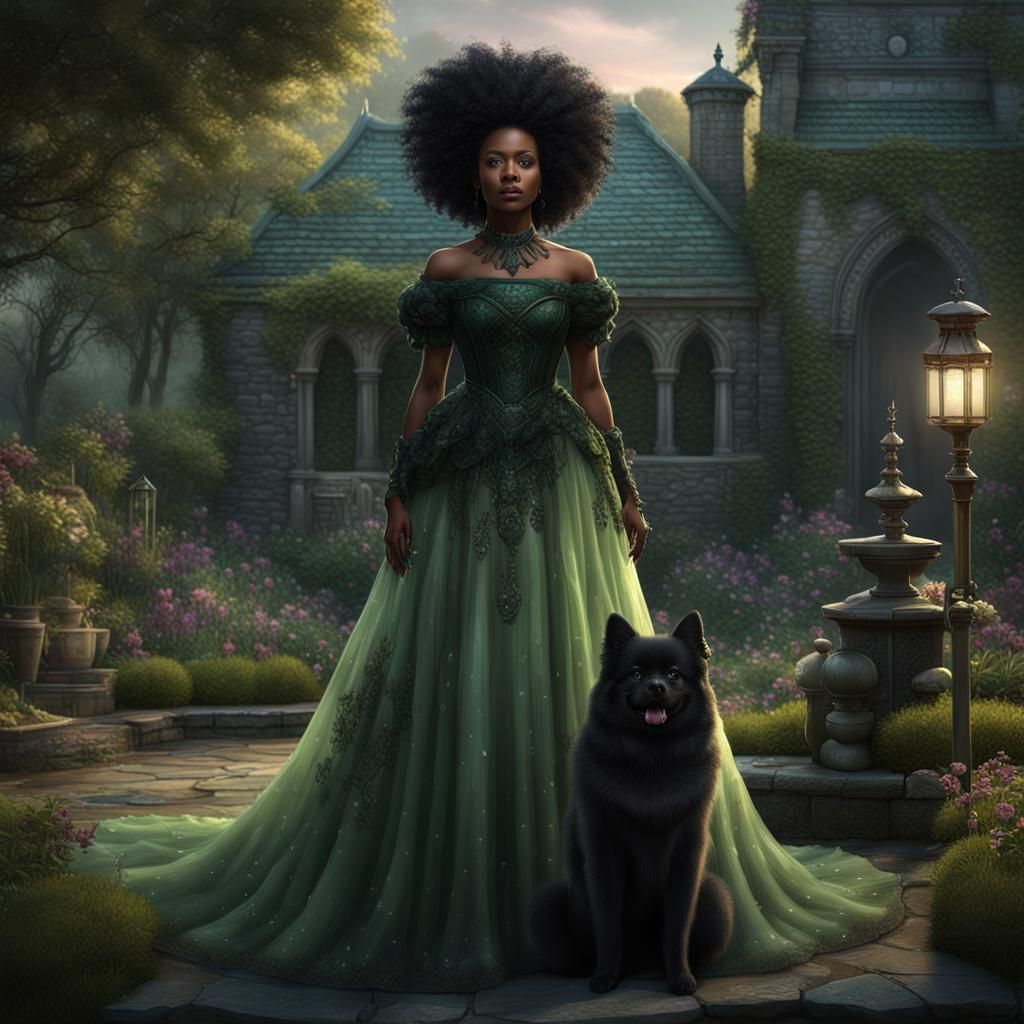 Gothic Princess in Garden with Pomeranian