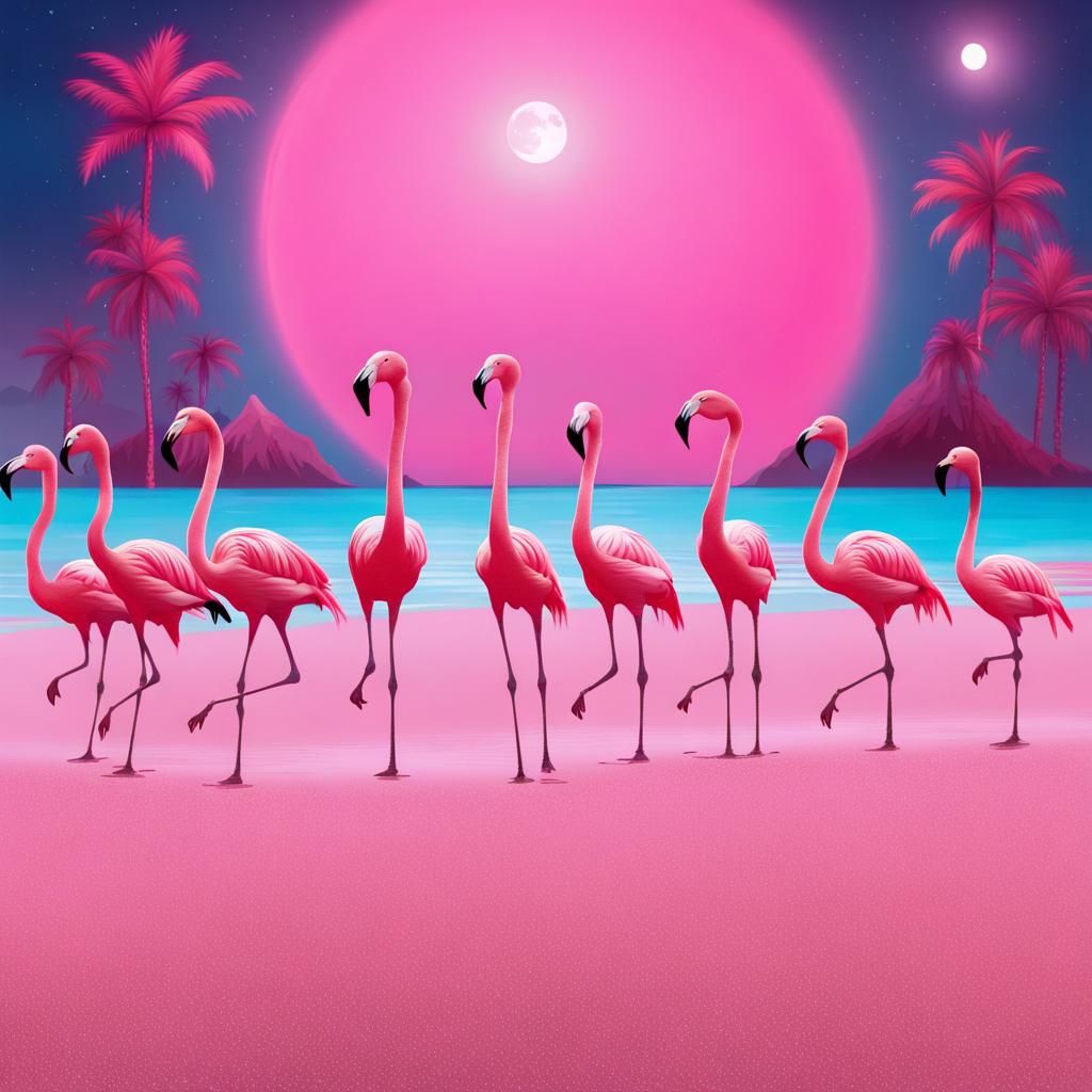Neon Pink Flamingos Conga Line on Pink Sand