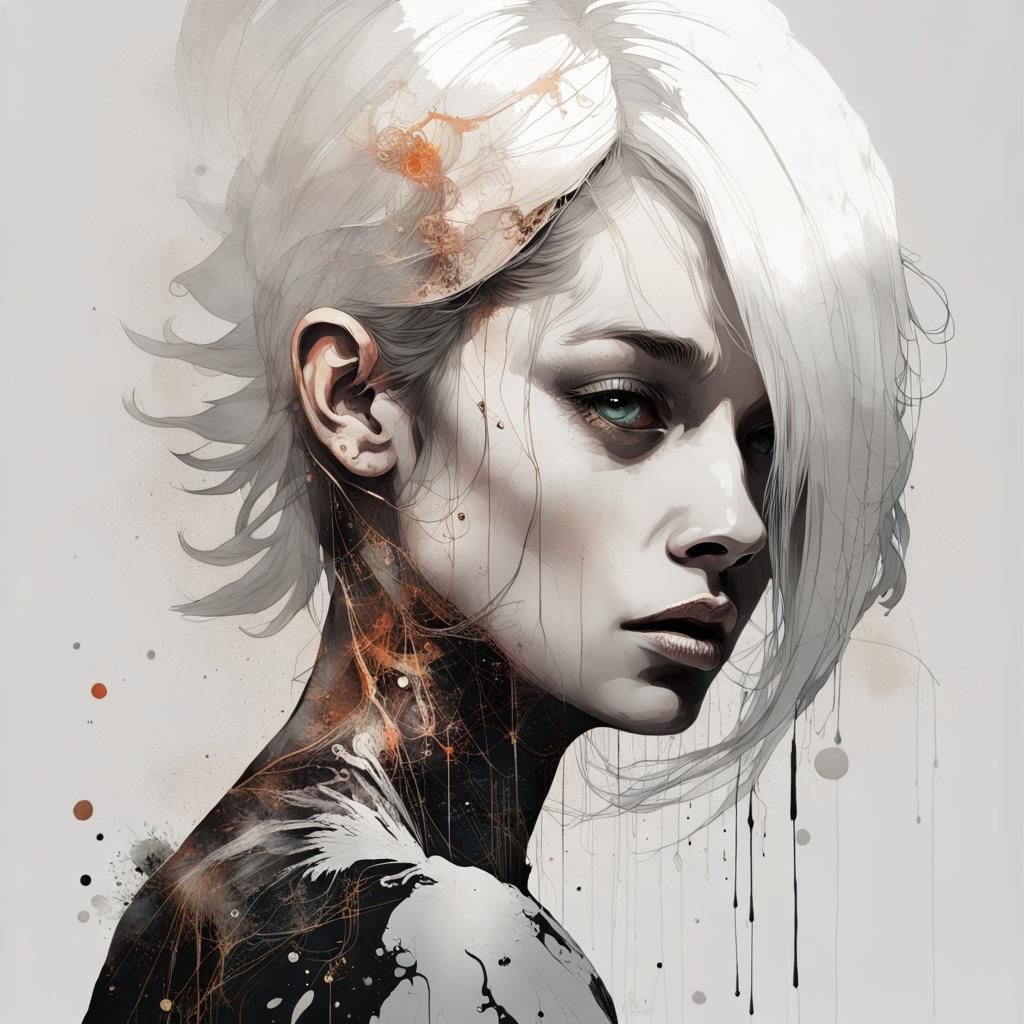 Cyberpunk Betta Fish Girl in Ink Splatter Style