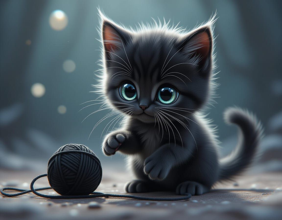 Adorable 3D Black Kitten Plays with Yarn