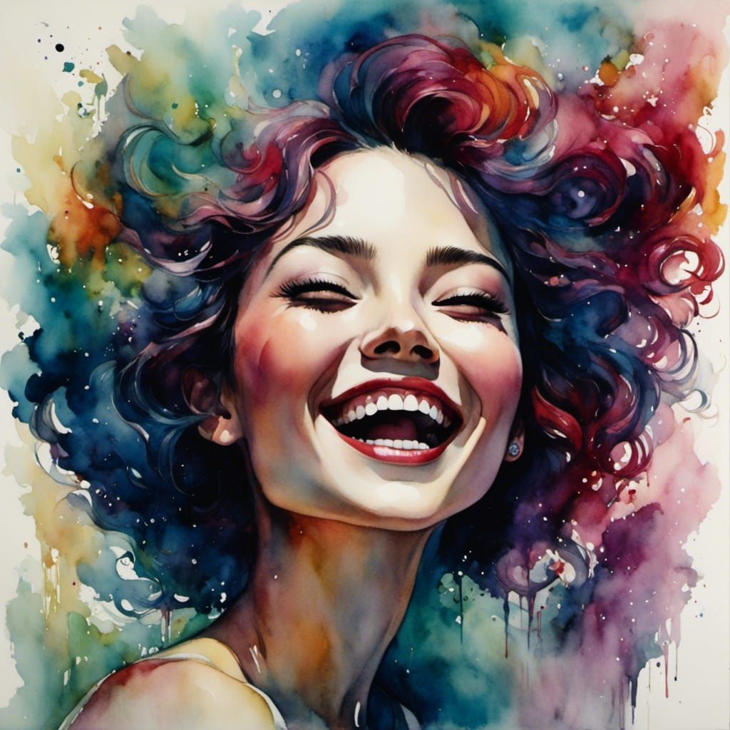 Cel-Shaded Portrait of Laughing Woman with Alcohol Ink