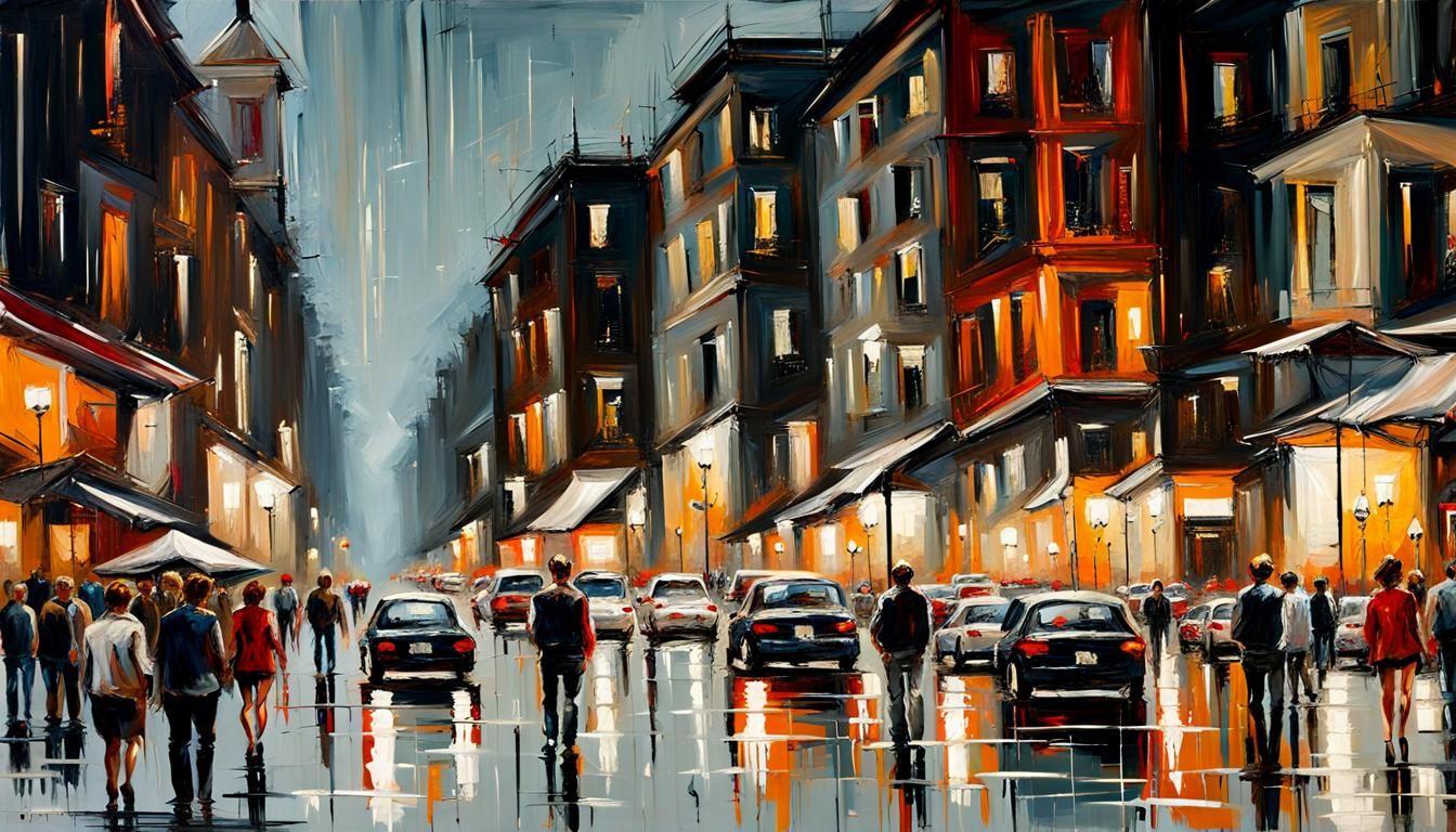 City street view. Night time. Busy streets.