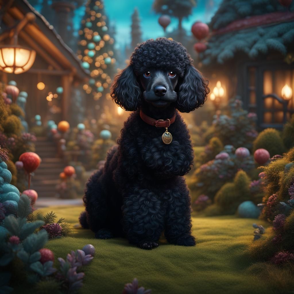 Black Poodle Puppy in Whoville: Detailed Matte Painting